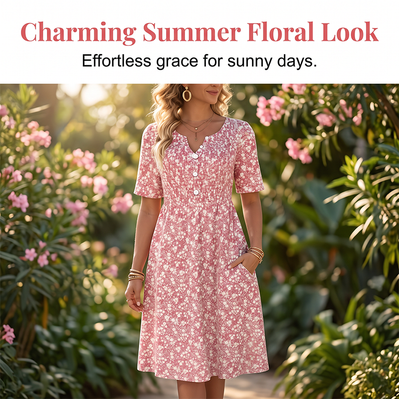 Women's Casual V-Neck Print Dress with Pockets