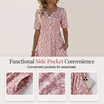 Women's Casual V-Neck Print Dress with Pockets