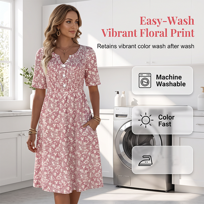 Women's Casual V-Neck Print Dress with Pockets