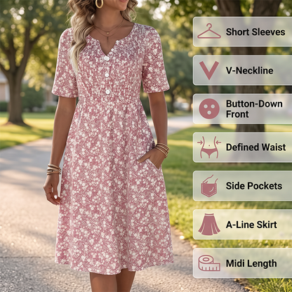 Women's Casual V-Neck Print Dress with Pockets