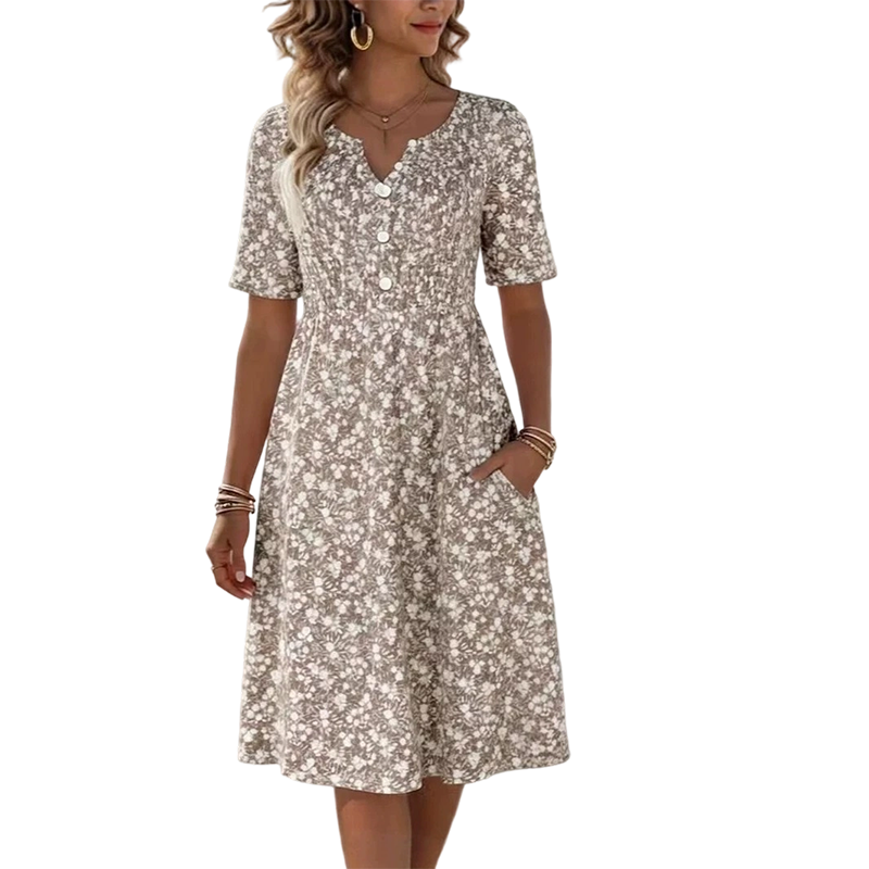 Women's Casual V-Neck Print Dress with Pockets