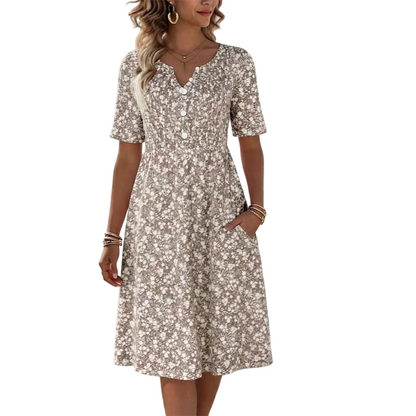 Women's Casual V-Neck Print Dress with Pockets