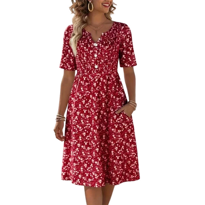 Women's Casual V-Neck Print Dress with Pockets