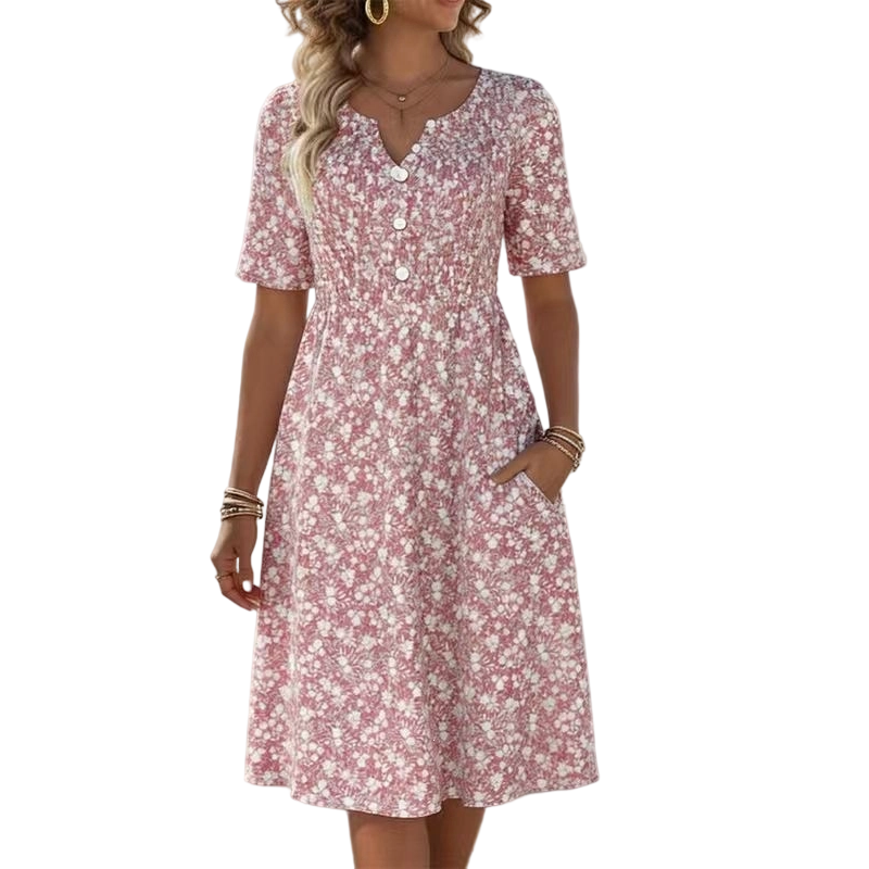 Women's Casual V-Neck Print Dress with Pockets