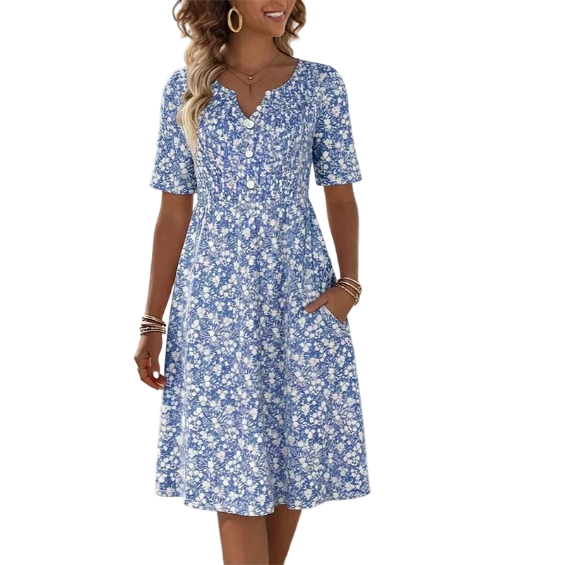 Women's Casual V-Neck Print Dress with Pockets
